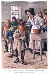 La Sra. Squeers estaba al final de los escritorios, presidiendo una inmensa palangana de azufre y melaza